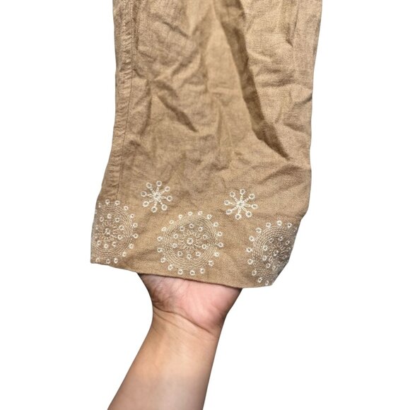 Abercrombie Fitch Linen Loose Fit Pants Womens Large Brown Embroidered Hem Beach - Picture 7 of 13